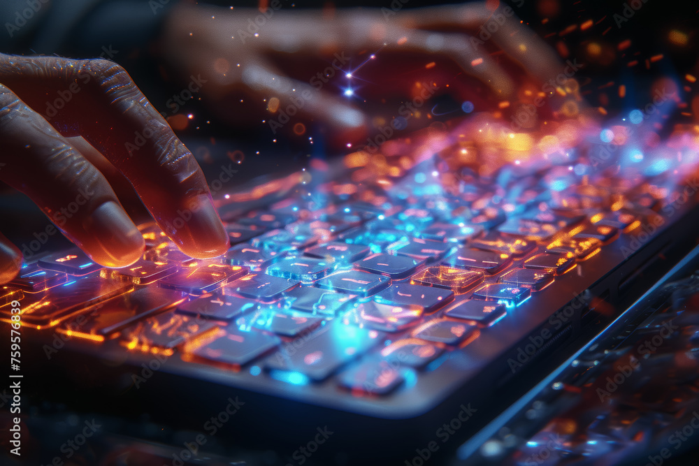 Poster hands typing swiftly on a holographic keyboard, creating a futuristic visual of digital communicatio
