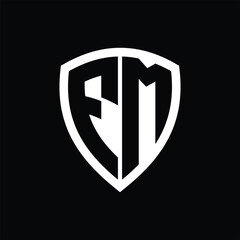 FM monogram logo with bold letters shield shape with black and white color design