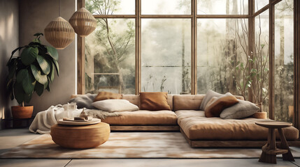 Boho interior design, modern living room house with rustic interior