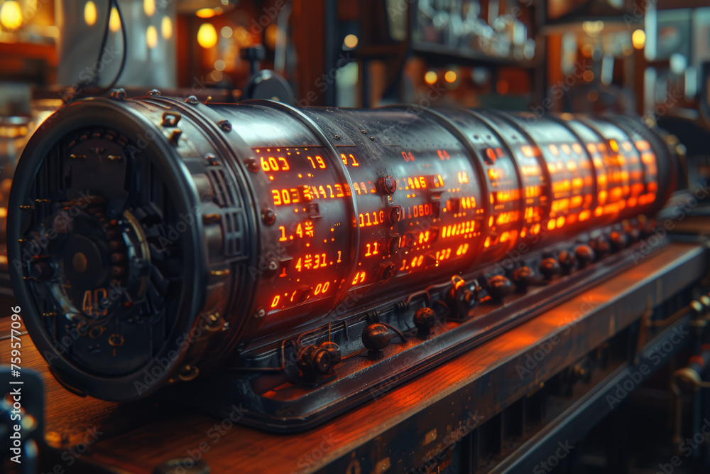 Poster a morse code machine tapping out messages with blinking lights, showcasing the historic method of co