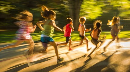 A group of children running down a street