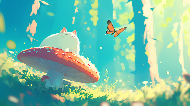cat is near big mushroom, forest background view