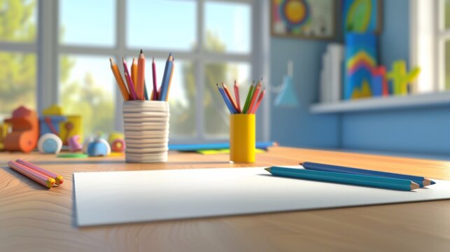 A desk with a cup of colored pencils and a piece of paper