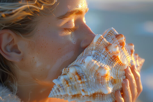A person holding a conch shell to their ear, depicting the use of natural elements in communication. Concept of organic connection. Generative Ai.