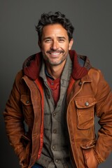 Obraz premium Handsome smiling, happy and pleased stoic man with positive vibes. Portrait of a joyful young man with beautiful hair and fashionable clothes.