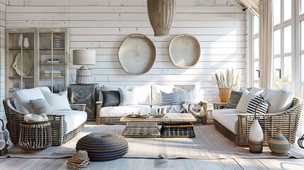 Cozy modern living room with a coastal-themed decor, including white-washed walls, rattan furniture, and nautical accents like rope decor and striped throw pillows - obrazy, fototapety, plakaty