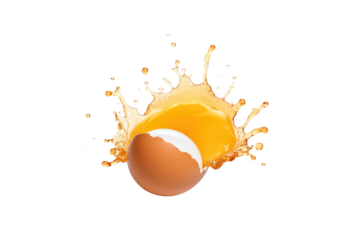 Egg in a Splash of Orange Juice. on a White or Clear Surface PNG Transparent Background.