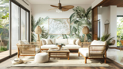 Cozy modern living room with a tropical theme, incorporating palm leaf print wallpaper, rattan furniture, and a ceiling fan for a relaxed ambiance - obrazy, fototapety, plakaty