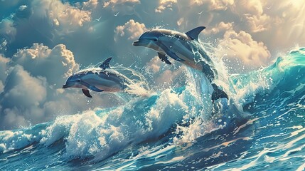 beautiful dolphins jumping over breaking waves. Hawaii Pacific Ocean - obrazy, fototapety, plakaty
