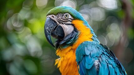 Obraz premium Close-up Portrait of a Blue and Yellow Macaw Parrot with Detailed Feathers and Vivid Colors