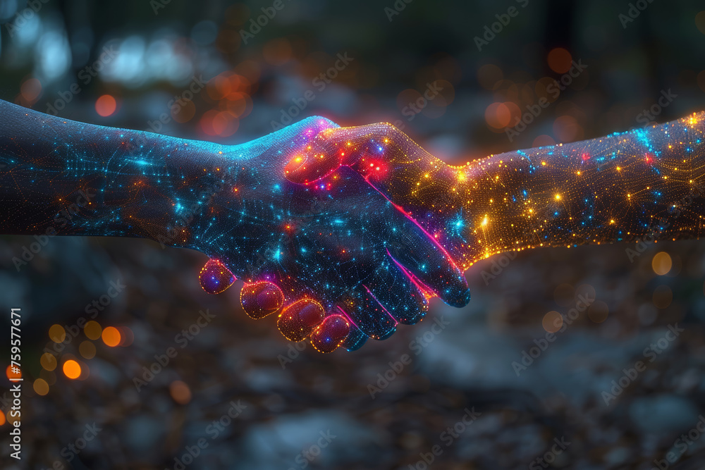 Poster a holographic handshake between diverse individuals, symbolizing digital collaboration and unity in 