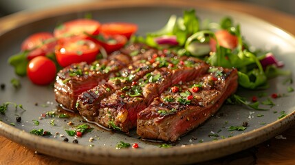 Close-up of steak on a plate with tomatoes on the table - obrazy, fototapety, plakaty