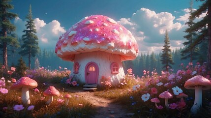 A Magical Journey Through a Summer Pink Mushroom House in a Fantasy Forest - Unreal 3D Art Inspired by 90s Animation and Sailor Moon, Featuring Ethereal Atmospheres and Vibrant Landscapes