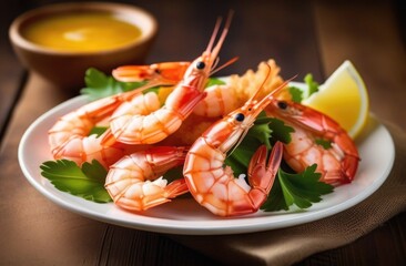 Grilled tiger prawns with spices and lime. Shrimps boiled in a white plate,prawn feast