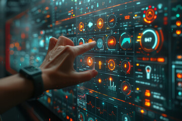 A person interacting with a smart mirror displaying real-time health metrics and fitness goals. Concept of personalized wellness. Generative Ai.