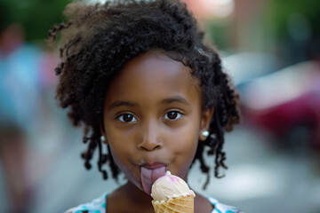 Funny little black girl eating ice cream with tongue visible, copy space on blurred city background