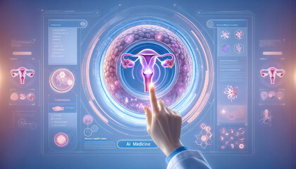 doctor in a white coat holding virtual screen wuth uterus reproductive system , Healthy feminine concept. - obrazy, fototapety, plakaty