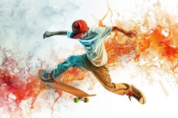Naklejka premium A boy is doing a trick on a skateboard in the air