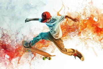 Afwasbaar fotobehang A boy is doing a trick on a skateboard in the air © BetterPhoto