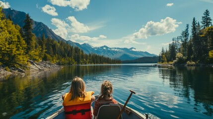 A family enjoying a scenic boat ride on a tranquil lake, surrounded by nature's beauty.