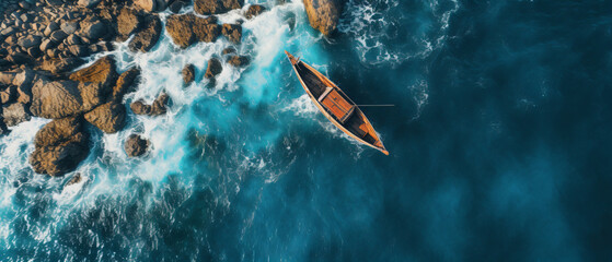An aerial view of a boat in the water near a rocky shore - Powered by Adobe