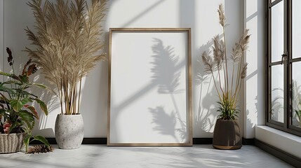 Vertical frame mockup on the floor, brown sofa and ornamental plant. 3d rendering, interior design, 3d illustration