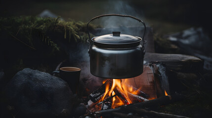 Metal campfire enamel mug with hot herbal tea on campfire. a pot of water boiling over a fire and a flame. Preparing food on campfire in wild camping - obrazy, fototapety, plakaty
