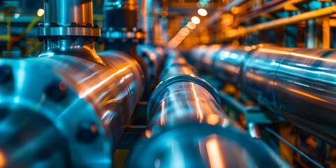 Closeup of a pipeline and pipe rack in a plant for producing ammonia hydrogen chemicals or oil, Industrial Pipeline Closeup: Plant for Ammonia, Hydrogen, or Oil Production