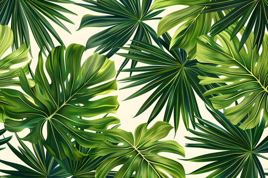 Fan palm tropical leaves on a light background, seamless pattern with tropical plants. Ideal for web, card, poster, cover, invitation, brochure. High-quality hand-drawn textures.