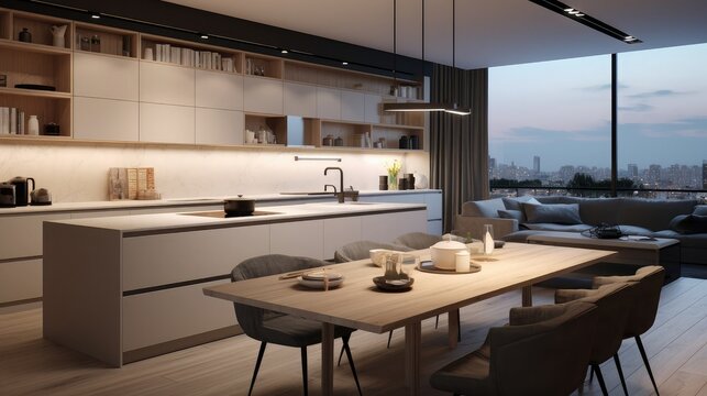 Interior of the modern luxure kitchen in studio apartments in minimalistic style