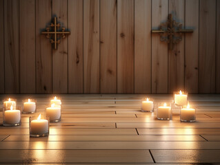 christian cross with candles on wooden floor in room, copy space 
