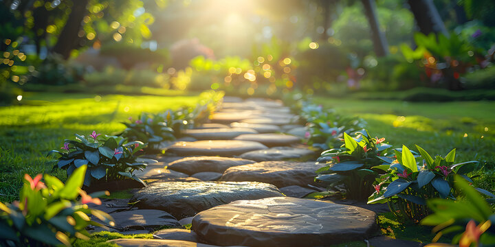 Photo of Tranquil garden with a stone path peaceful landscape, Calming Haven: Stone Path Leading Through Peaceful Garden
