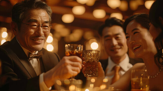 Group of senior adults classy asian friends clink glasses in a bar at night , drinking to celebrate an event festive background