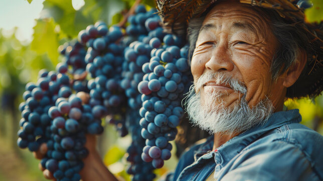 Portrait of an asian farmer picks grapes and looks towards the camera , on sunny day in his green vineyard