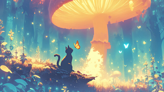 cat is near big mushroom, forest background view