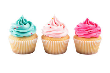 Three Cupcakes With Different Colored Frosting. on a White or Clear Surface PNG Transparent Background.