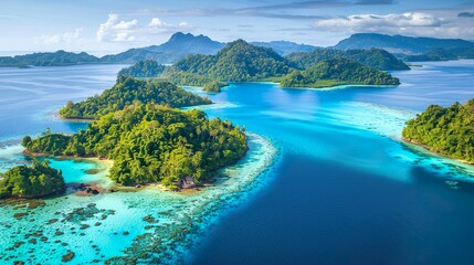 Aerial view of tropical islands with crystal-clear water