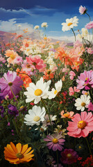 Sea of colorful flowers on the background of mountains