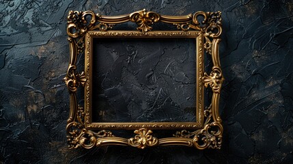 A vintage ornate gold frame on a dark