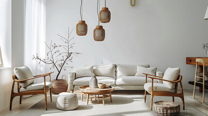 Scandinavian style living room featuring Scandinavian-designed pendant lights