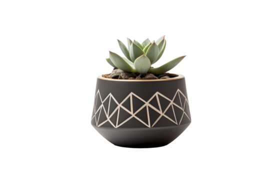 Small Potted Plant With Geometric Design. on a White or Clear Surface PNG Transparent Background.