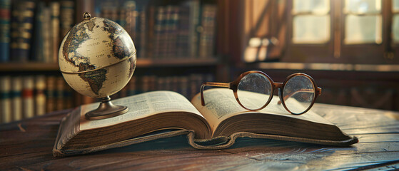 An open book with glasses and a globe on top of it. ..