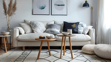 Scandinavian style living room incorporating Scandinavian-designed accent tables