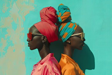 Two black women wearing colorful headscarves are standing against a blue wall. Generative AI - obrazy, fototapety, plakaty