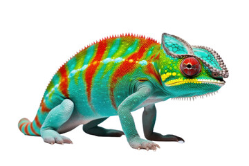Obraz premium Colorful Chameleon Sitting on Top of White Surface. on a White or Clear Surface PNG Transparent Background.