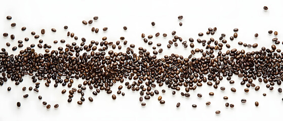 Fototapeta premium Top view of hot espresso and coffee beans arranged on a white table, creating a flat lay composition with space for text.