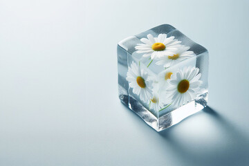 ice cube sitting on top of a table, daisies flower inside, - obrazy, fototapety, plakaty