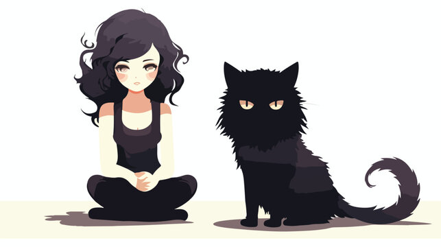 Angel and Black Cat. Hand-Drawn Vector.