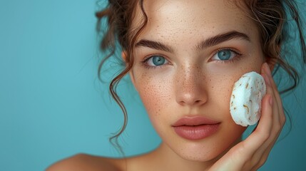 Problematic skin on a woman with sponges and cotton pads on a blue background - obrazy, fototapety, plakaty