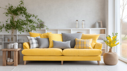 Minimalist living room interior with fabric sofa and yellow pillows